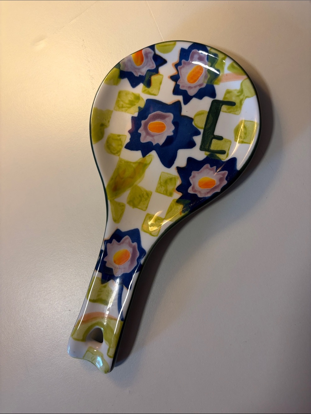 Anthropologie Green Checkered Floral Ceramic Spoon Rest - E